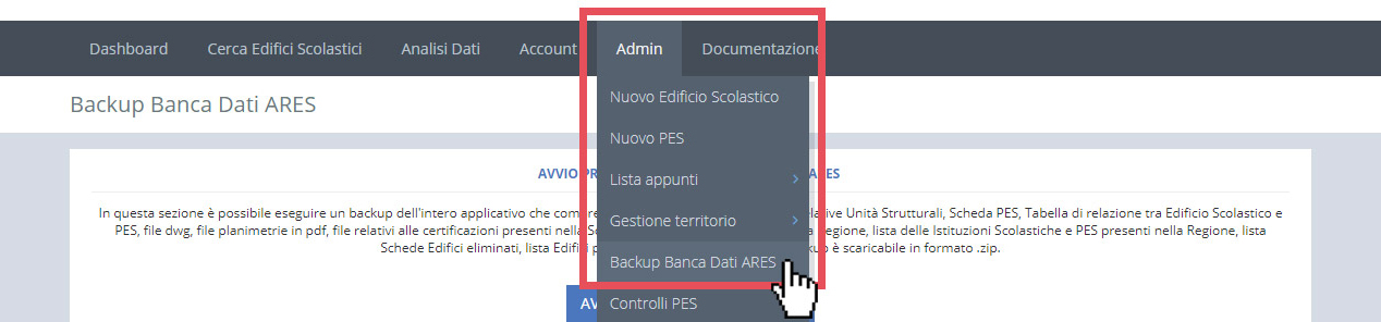 immagine menu admin, backup banca dati ARES